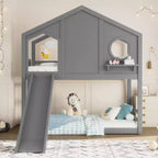 Lit superposé cabane jumeau sur jumeau avec toboggan et étagères de rangement, cadre de lit superposé en bois avec fenêtre pour enfants