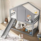 Lit superposé cabane jumeau sur jumeau avec toboggan et étagères de rangement, cadre de lit superposé en bois avec fenêtre pour enfants