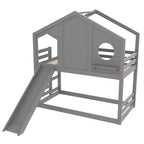 Lit superposé cabane jumeau sur jumeau avec toboggan et étagères de rangement, cadre de lit superposé en bois avec fenêtre pour enfants