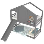 Lit superposé cabane jumeau sur jumeau avec toboggan et étagères de rangement, cadre de lit superposé en bois avec fenêtre pour enfants