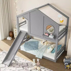 Twin over Twin House Bunk Bed with Slide and Storage Shelves, Wood Bunk Bed Frame with Window for Kids