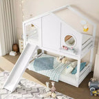 Lit superposé cabane jumeau sur jumeau avec toboggan et étagères de rangement, cadre de lit superposé en bois avec fenêtre pour enfants