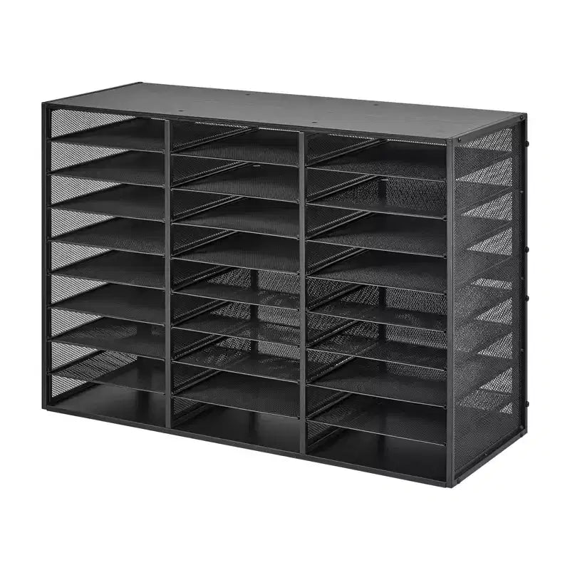 VEVOR Literature Organizer, 27 Compartments Metal Office Mailbox with Detachable Wire Mesh, Mailbox Sorter with Wooden Top, Black