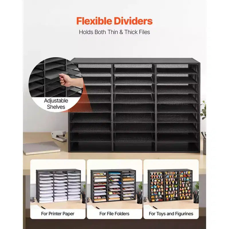 Organisateur de documents VEVOR, 27 compartiments, casier à courrier métallique avec grille métallique amovible, trieur de courrier avec plateau en bois, noir