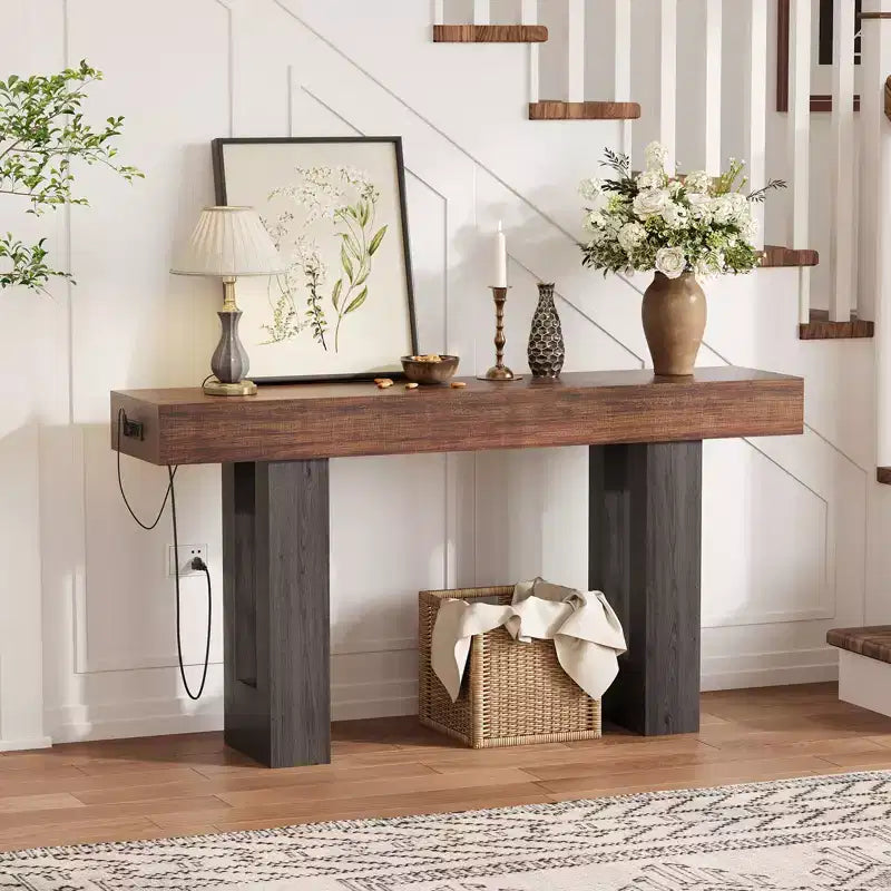 Table console extra longue de 160 cm avec prises électriques, ports USB et Type-C, table d'entrée étroite et mince pour couloir, derrière un canapé ou dans le salon