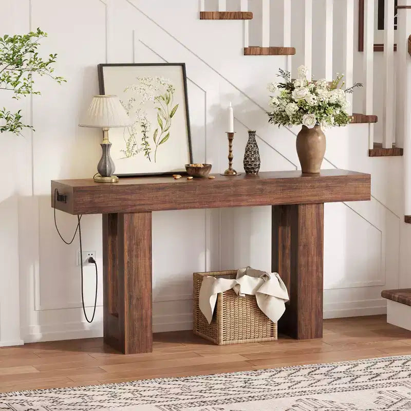 Table console extra longue de 160 cm avec prises électriques, ports USB et Type-C, table d'entrée étroite et mince pour couloir, derrière un canapé ou dans le salon