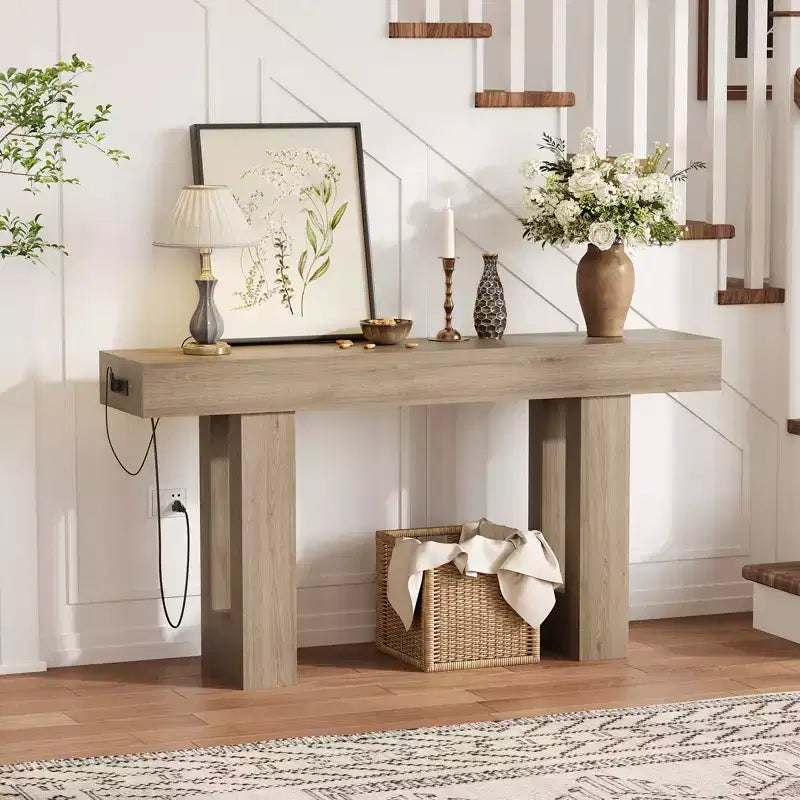 Table console extra longue de 160 cm avec prises électriques, ports USB et Type-C, table d'entrée étroite et mince pour couloir, derrière un canapé ou dans le salon