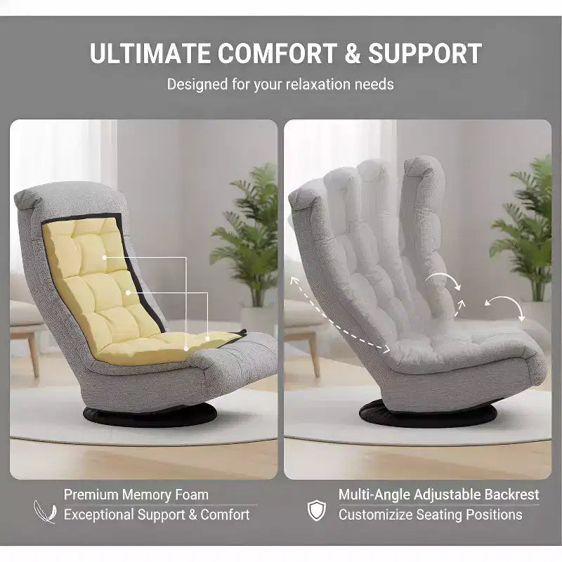Chaise longue pivotante en mousse Summit Adventure avec appuie-tête, compatible avec le sol, chaise de jeu réglable, gris 26x23x14 pouces