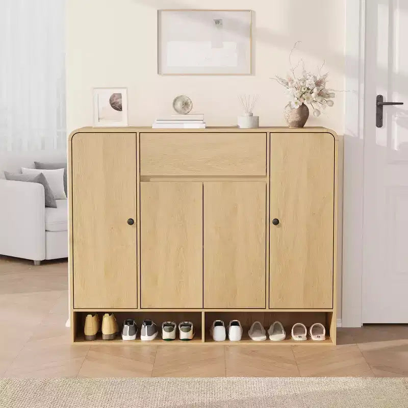 Meuble à chaussures de 120 cm avec 4 portes et 1 tiroir, organiseur d'entrée grande capacité avec coins arrondis, meuble à chaussures étroit pour couloir, salon
