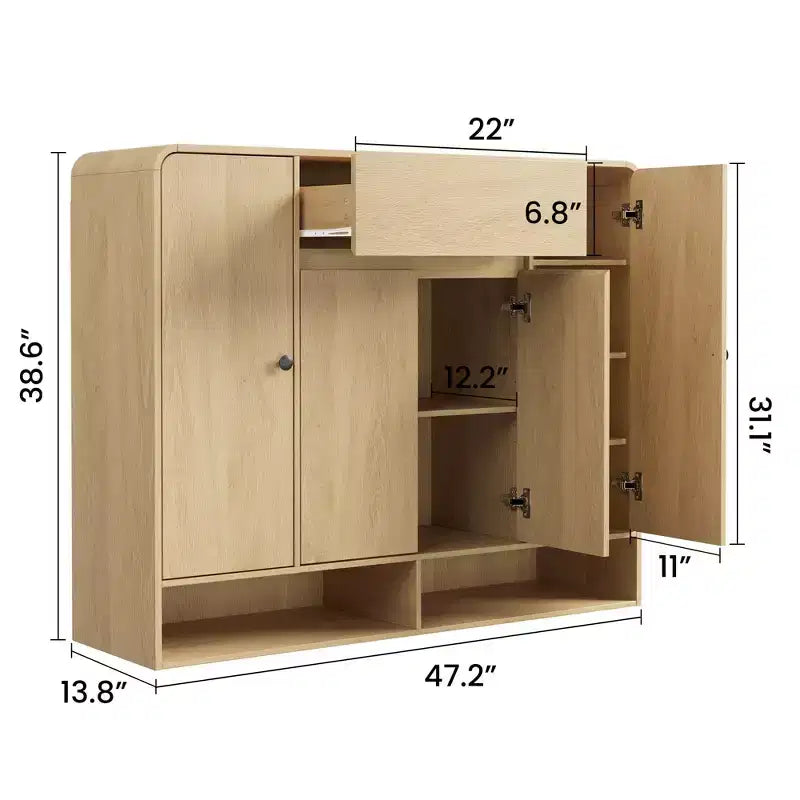 Meuble à chaussures de 120 cm avec 4 portes et 1 tiroir, organiseur d'entrée grande capacité avec coins arrondis, meuble à chaussures étroit pour couloir, salon