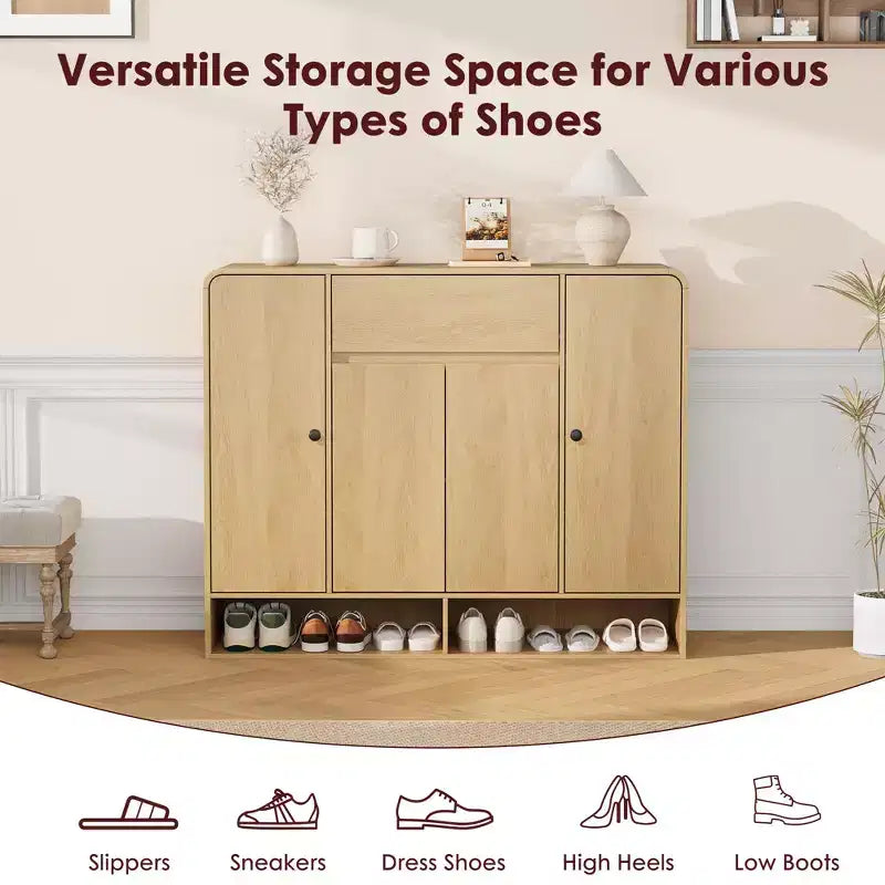 Meuble à chaussures de 120 cm avec 4 portes et 1 tiroir, organiseur d'entrée grande capacité avec coins arrondis, meuble à chaussures étroit pour couloir, salon
