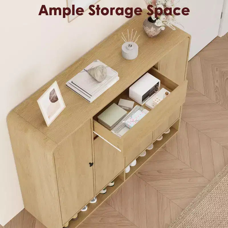 Meuble à chaussures de 120 cm avec 4 portes et 1 tiroir, organiseur d'entrée grande capacité avec coins arrondis, meuble à chaussures étroit pour couloir, salon