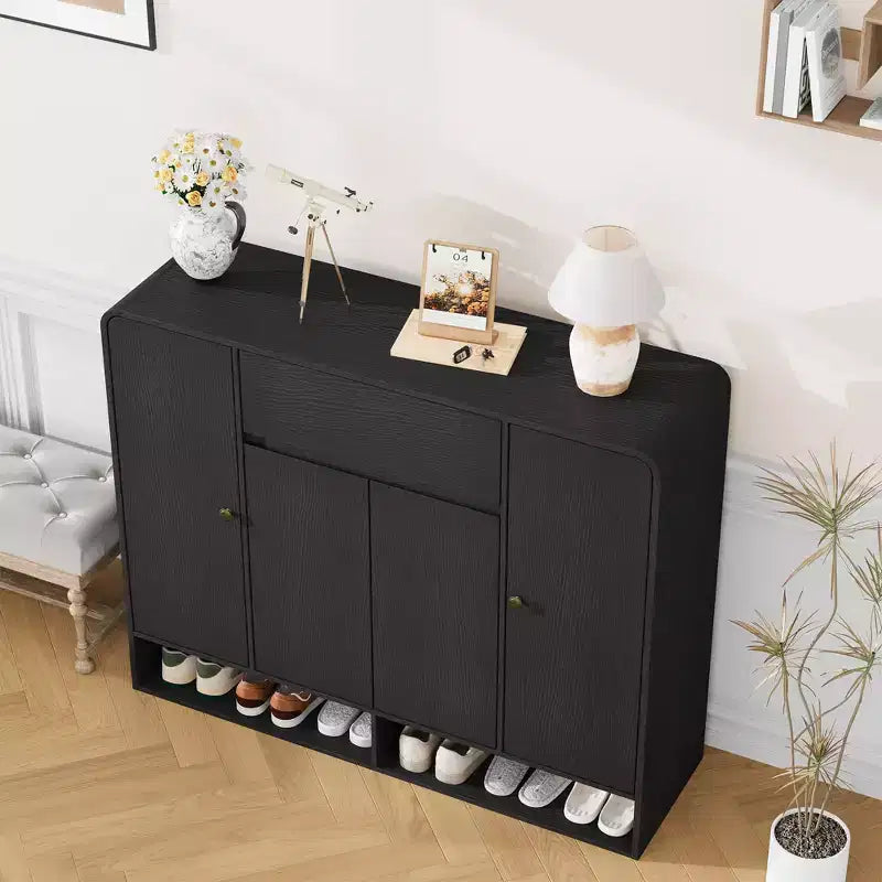 Meuble à chaussures de 120 cm avec 4 portes et 1 tiroir, organiseur d'entrée grande capacité avec coins arrondis, meuble à chaussures étroit pour couloir, salon