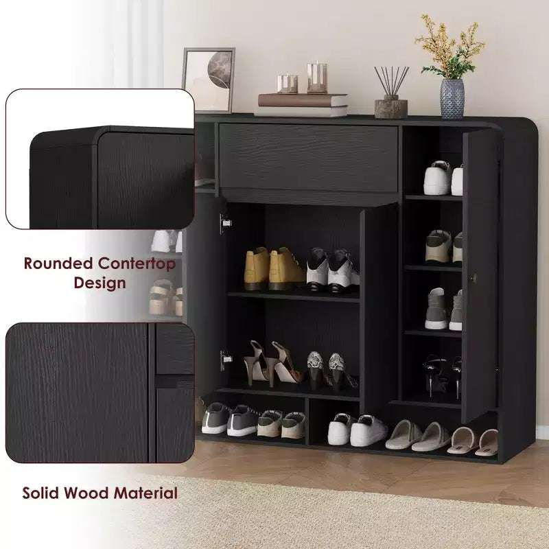 Meuble à chaussures de 120 cm avec 4 portes et 1 tiroir, organiseur d'entrée grande capacité avec coins arrondis, meuble à chaussures étroit pour couloir, salon