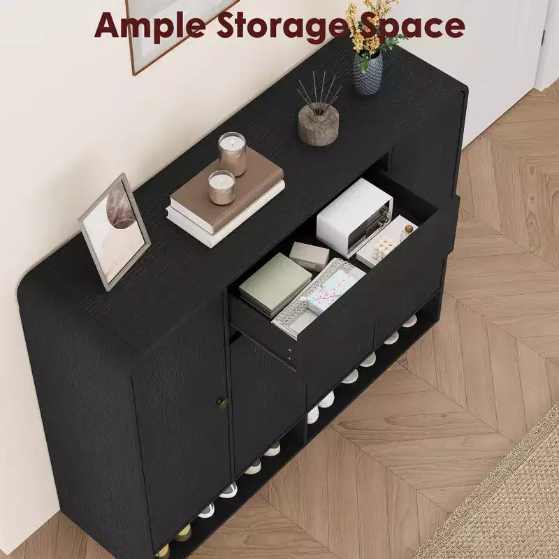 Meuble à chaussures de 120 cm avec 4 portes et 1 tiroir, organiseur d'entrée grande capacité avec coins arrondis, meuble à chaussures étroit pour couloir, salon