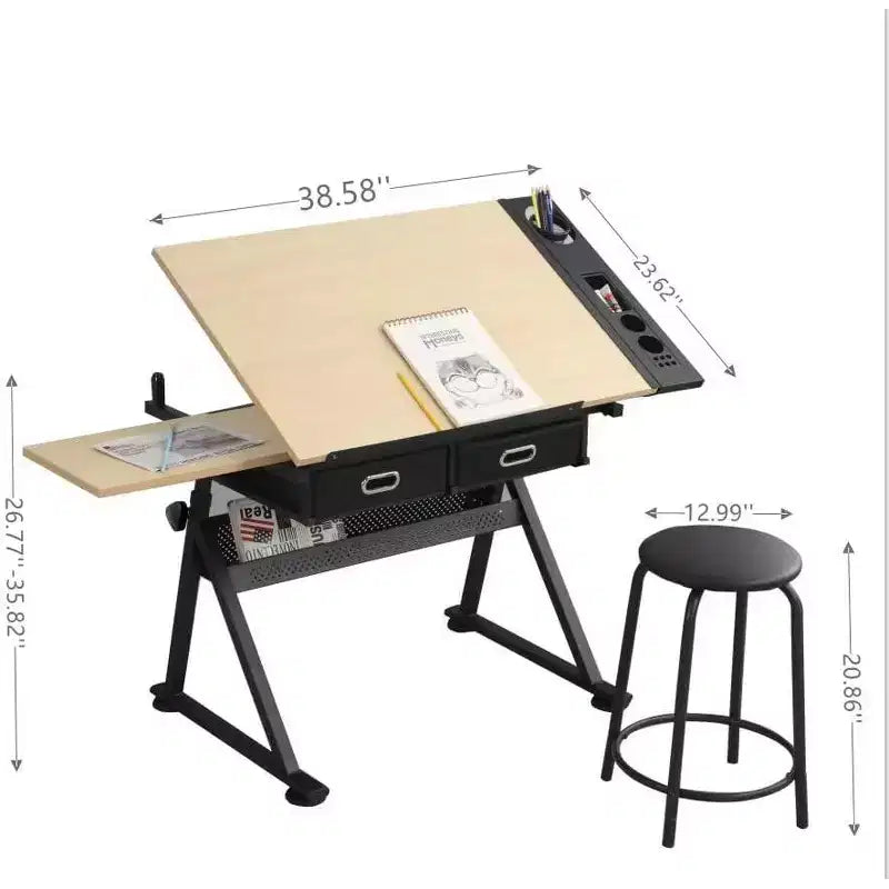 Table à dessin réglable en hauteur, table à dessin inclinable de 0 à 75° pour adultes, bureau d'artiste avec 2 tiroirs de rangement, avec tabouret
