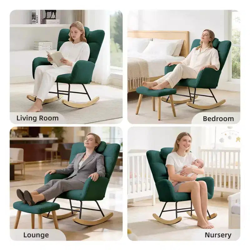 Fauteuil à Bascule de Crèche, Glider Confortable avec Dossier Haut, Siège Rembourré, Fauteuil d'Appoint Vert pour Salon, Chambre