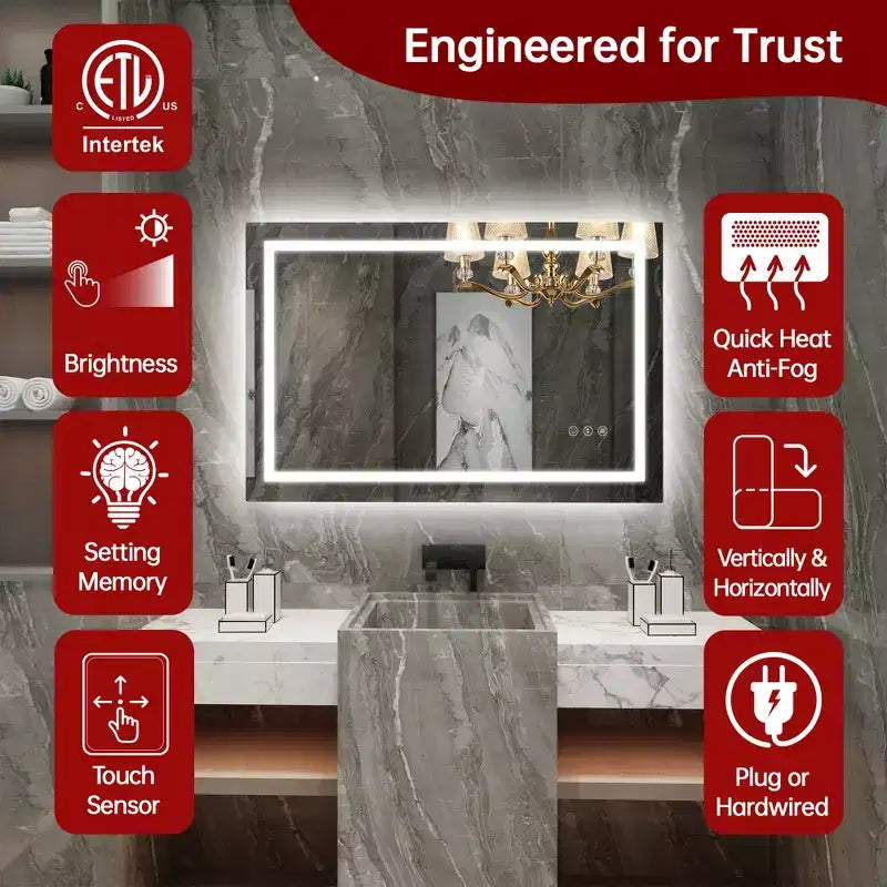 Miroir de courtoisie mural SUMERAIN 24x36 en verre trempé, miroir de salle de bain antibuée ETL avec fonction de mémorisation intelligente