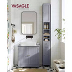 VASAGLE Meuble Colonne de Salle de Bain Haute, Meuble de Rangement Fin Autonome avec Étagères Réglables, Tiroir, Compartiments Ouverts, Gris Colombe