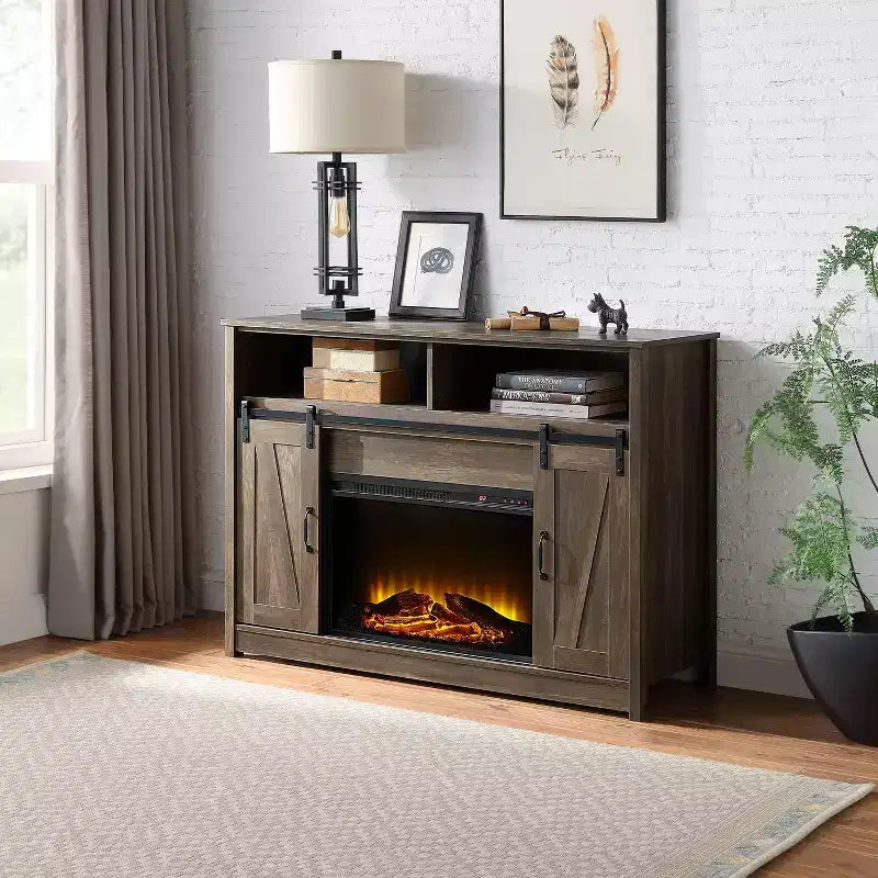 Rustic Oak Finish Fireplace with Shelf Storage