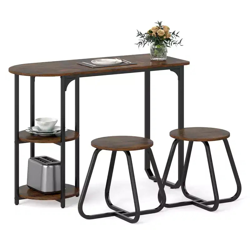 Ensemble table à manger 3 pièces Costway, table de cuisine en bois et métal et 2 tabourets avec étagères de rangement Marron rustique+Noir/Blanc+Doré