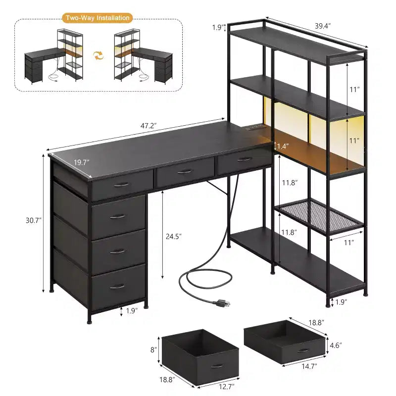 Bureau d'angle en L avec prises de courant et port Type-C, Grand bureau de jeu informatique avec 6 tiroirs en tissu, Bureau d'étude d'angle