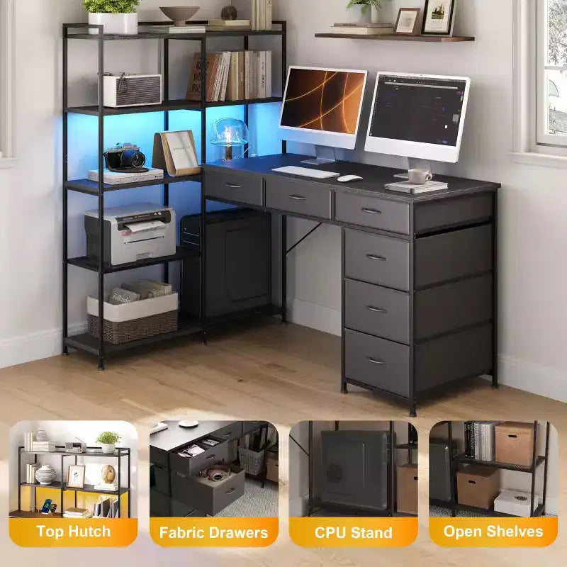 Bureau d'angle en L avec prises de courant et port Type-C, Grand bureau de jeu informatique avec 6 tiroirs en tissu, Bureau d'étude d'angle
