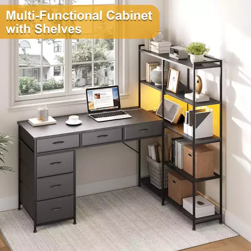 Bureau d'angle en L avec prises de courant et port Type-C, Grand bureau de jeu informatique avec 6 tiroirs en tissu, Bureau d'étude d'angle