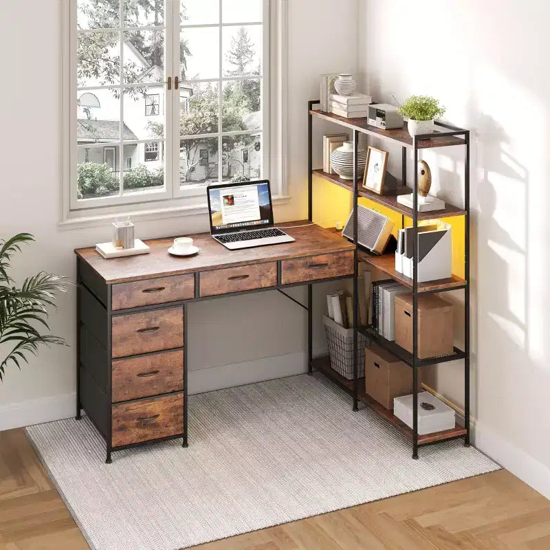 Bureau d'angle en L avec prises de courant et port Type-C, Grand bureau de jeu informatique avec 6 tiroirs en tissu, Bureau d'étude d'angle