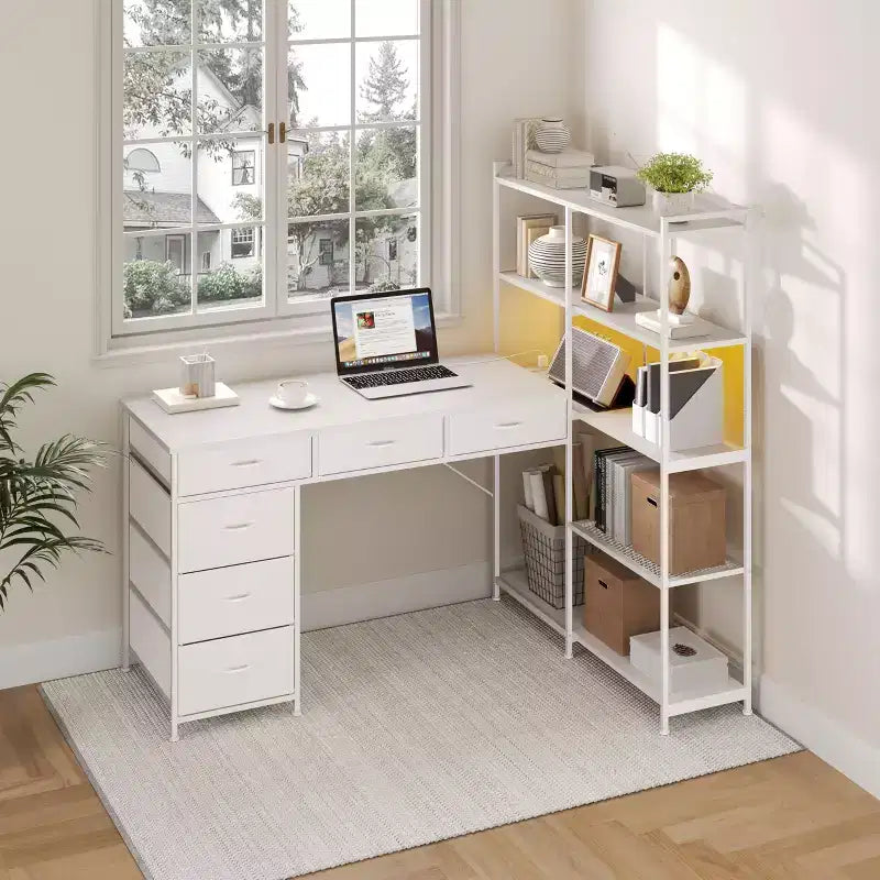 Bureau d'angle en L avec prises de courant et port Type-C, Grand bureau de jeu informatique avec 6 tiroirs en tissu, Bureau d'étude d'angle