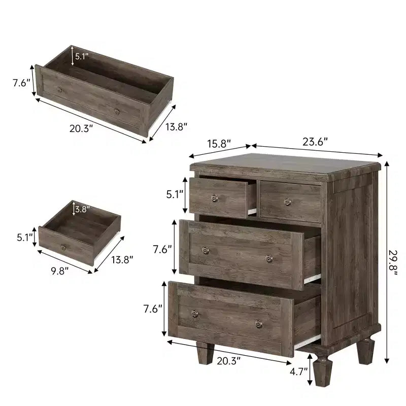 Commode Vintage à 4 Tiroirs avec Pieds Coniques, Commode en Bois Gris pour Chambre, Salon