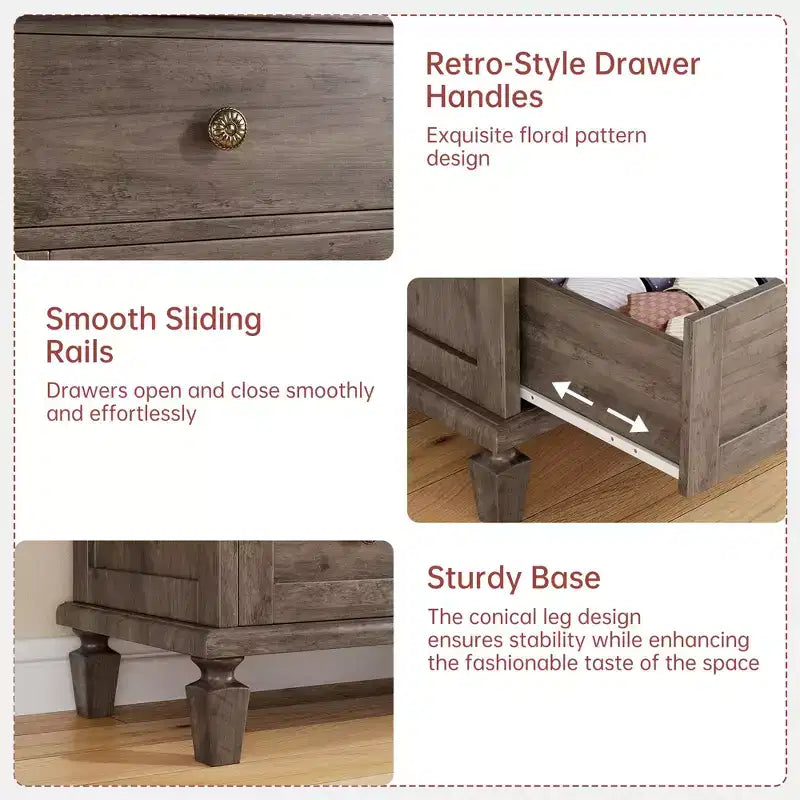 Commode Vintage à 4 Tiroirs avec Pieds Coniques, Commode en Bois Gris pour Chambre, Salon