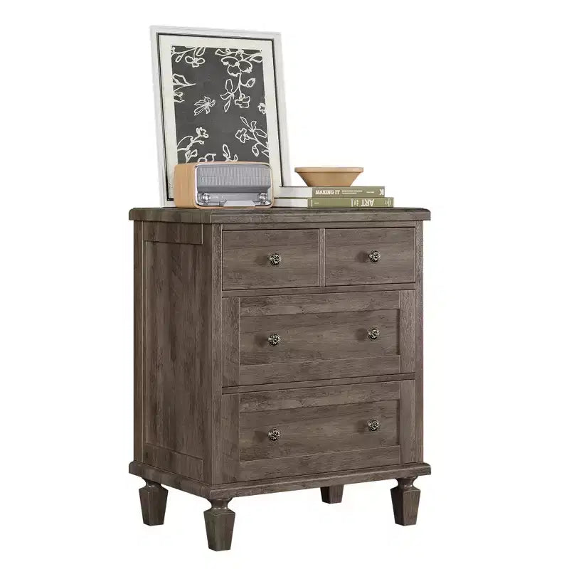 Commode Vintage à 4 Tiroirs avec Pieds Coniques, Commode en Bois Gris pour Chambre, Salon