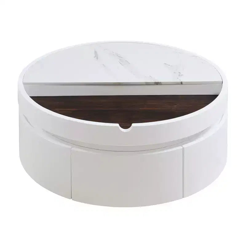 Table basse relevable Whisen Modern avec rangement et tiroir cachés, plateau en marbre et grain de bois - Blanc et Noyer