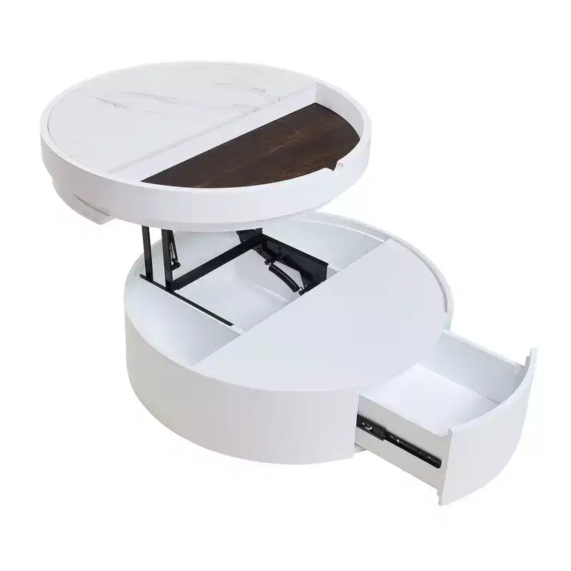 Table basse relevable Whisen Modern avec rangement et tiroir cachés, plateau en marbre et grain de bois - Blanc et Noyer