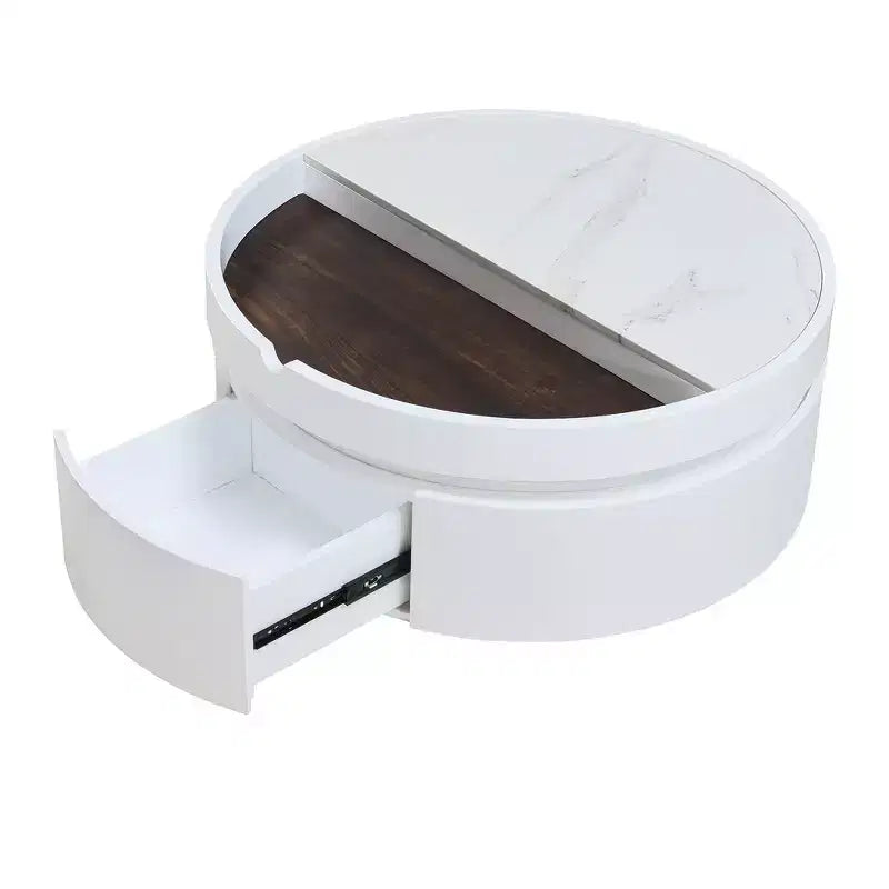 Table basse relevable Whisen Modern avec rangement et tiroir cachés, plateau en marbre et grain de bois - Blanc et Noyer