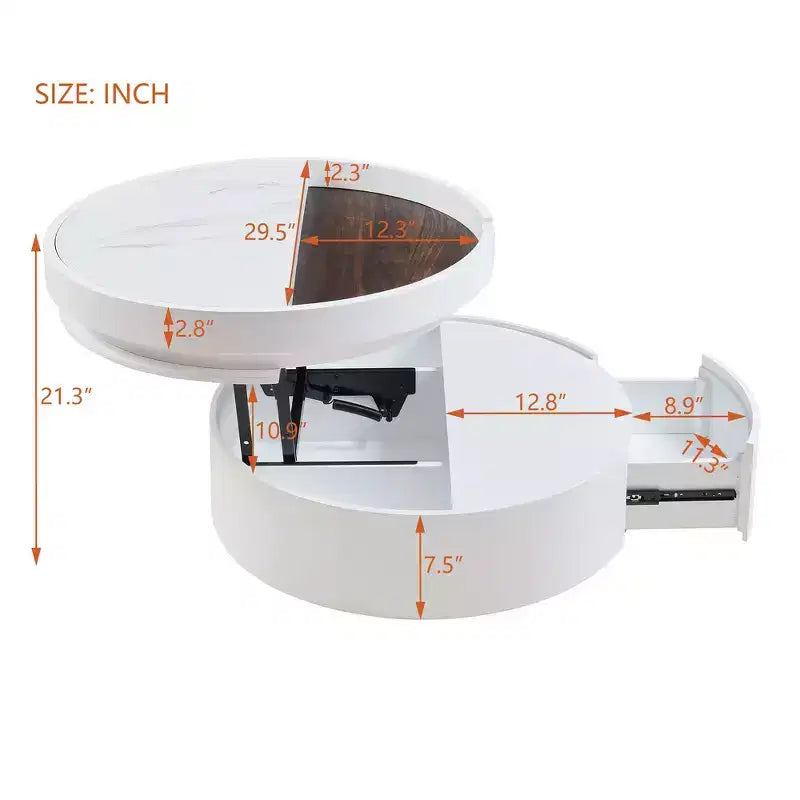 Table basse relevable Whisen Modern avec rangement et tiroir cachés, plateau en marbre et grain de bois - Blanc et Noyer