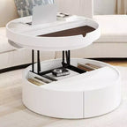 Table basse relevable Whisen Modern avec rangement et tiroir cachés, plateau en marbre et grain de bois - Blanc et Noyer