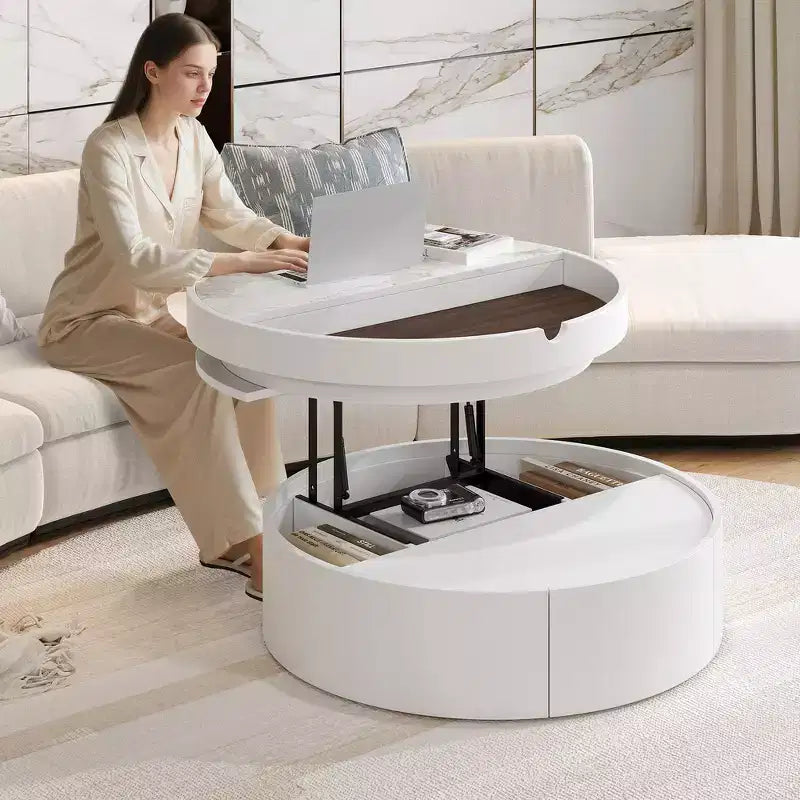 Table basse relevable Whisen Modern avec rangement et tiroir cachés, plateau en marbre et grain de bois - Blanc et Noyer
