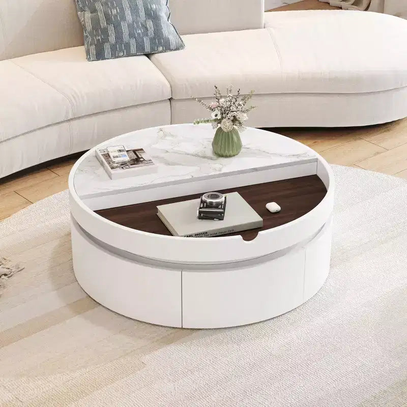 Table basse relevable Whisen Modern avec rangement et tiroir cachés, plateau en marbre et grain de bois - Blanc et Noyer