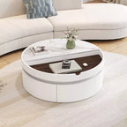 Table basse relevable Whisen Modern avec rangement et tiroir cachés, plateau en marbre et grain de bois - Blanc et Noyer