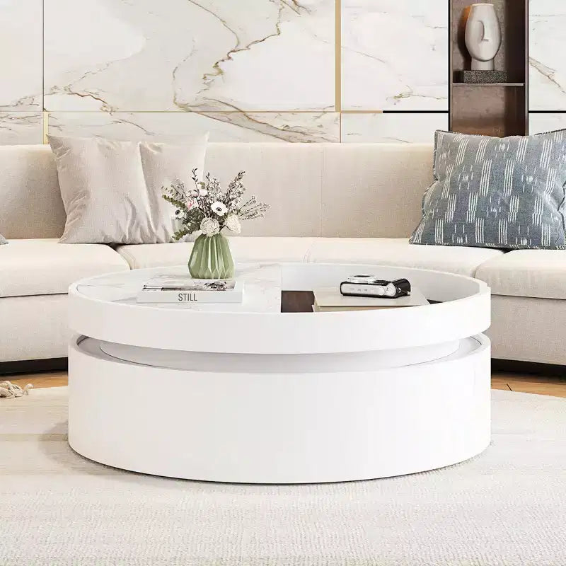 Table basse relevable Whisen Modern avec rangement et tiroir cachés, plateau en marbre et grain de bois - Blanc et Noyer