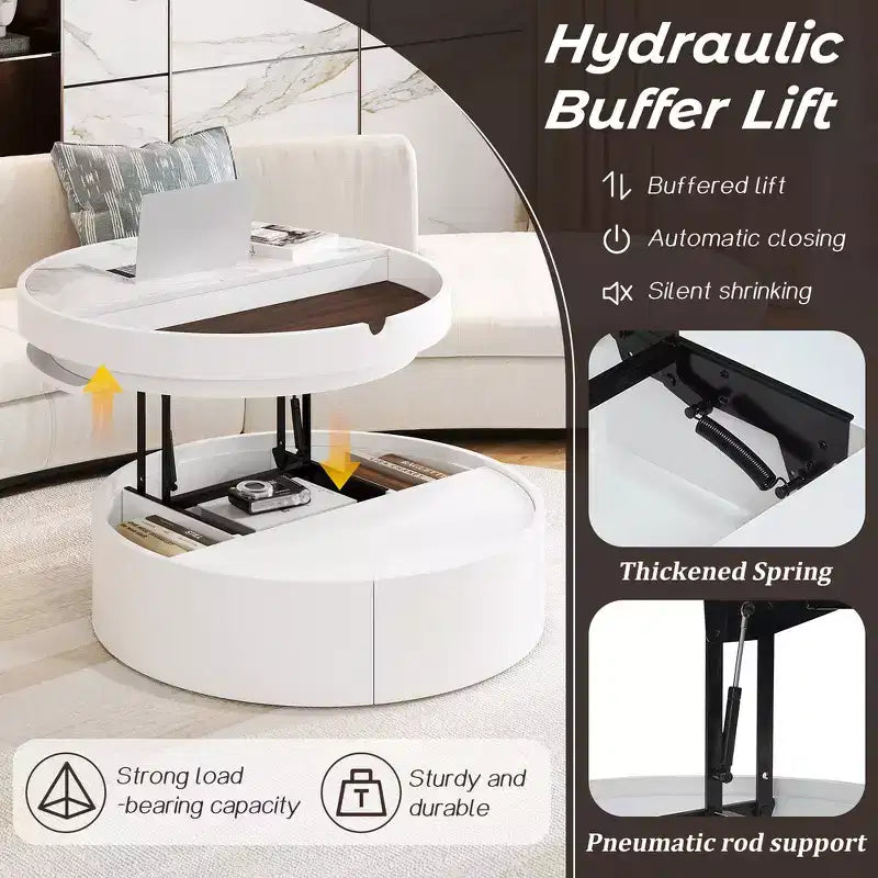 Table basse relevable Whisen Modern avec rangement et tiroir cachés, plateau en marbre et grain de bois - Blanc et Noyer