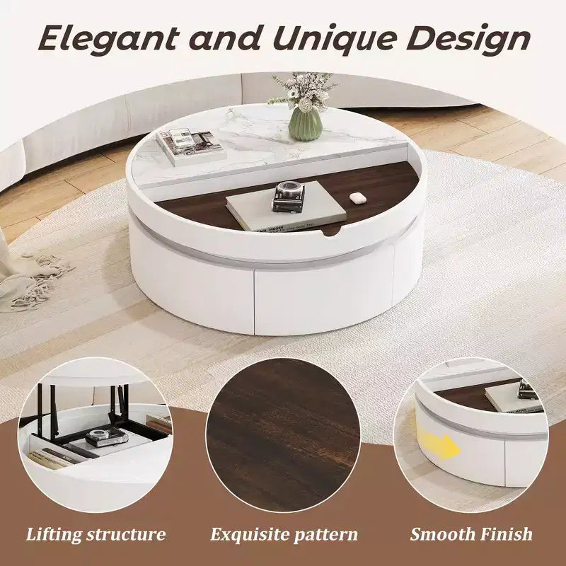 Table basse relevable Whisen Modern avec rangement et tiroir cachés, plateau en marbre et grain de bois - Blanc et Noyer