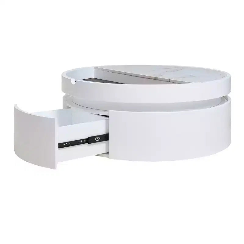 Table basse relevable Whisen Modern avec rangement et tiroir cachés, plateau en marbre et grain de bois - Blanc et Noyer