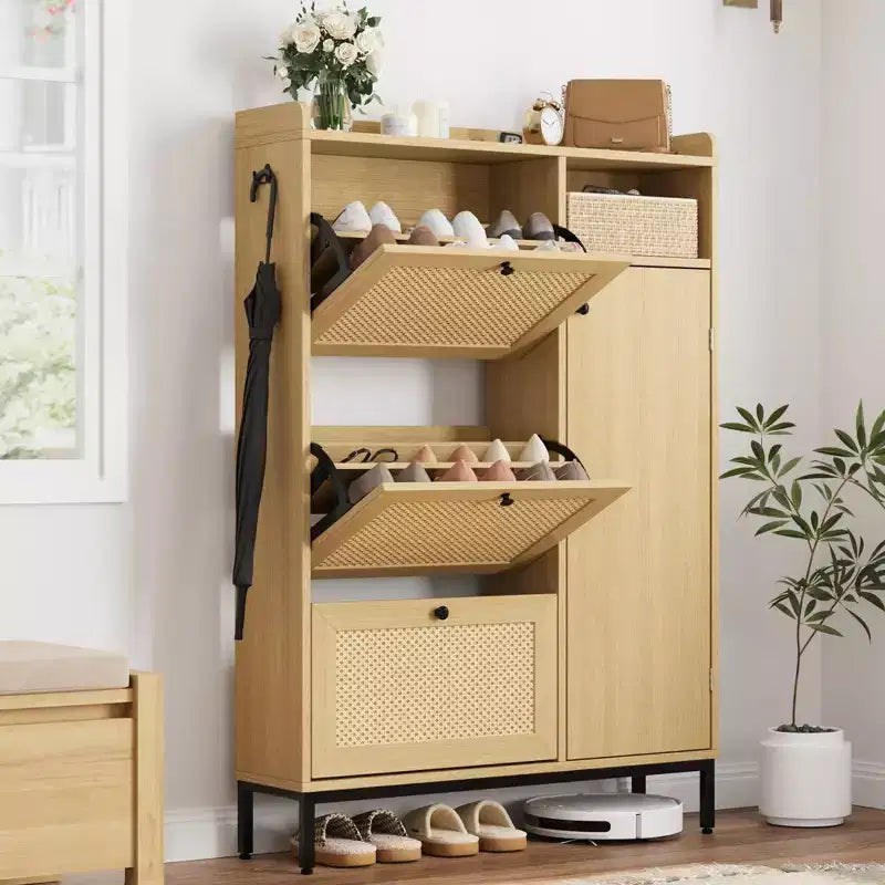 Meuble à chaussures étroit en rotin - 3 tiroirs basculants, 4 étagères réglables, capacité de 18 à 24 paires