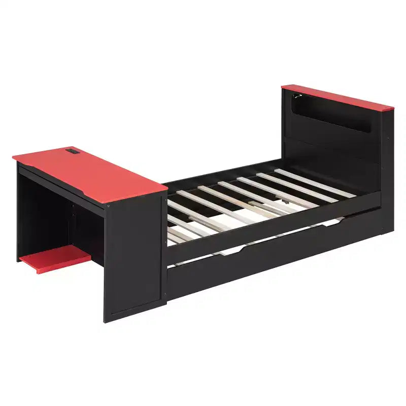 Lit de repos moderne en bois Luxystar avec bureau d'ordinateur, lit gigogne et tête de lit éclairée