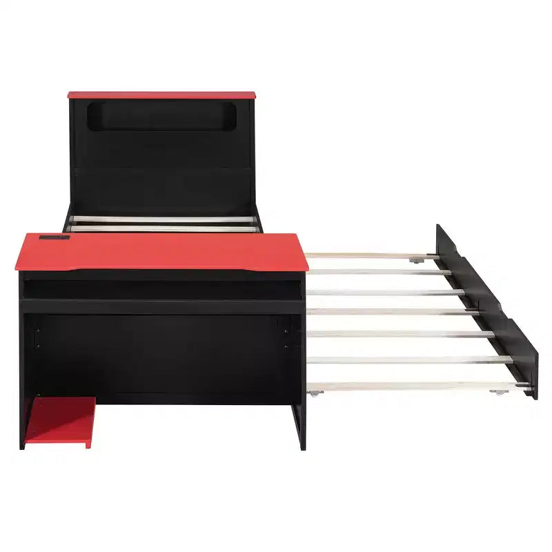 Lit de repos moderne en bois Luxystar avec bureau d'ordinateur, lit gigogne et tête de lit éclairée