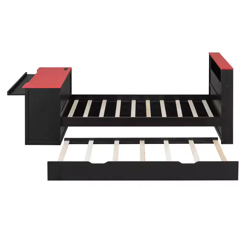 Lit de repos moderne en bois Luxystar avec bureau d'ordinateur, lit gigogne et tête de lit éclairée