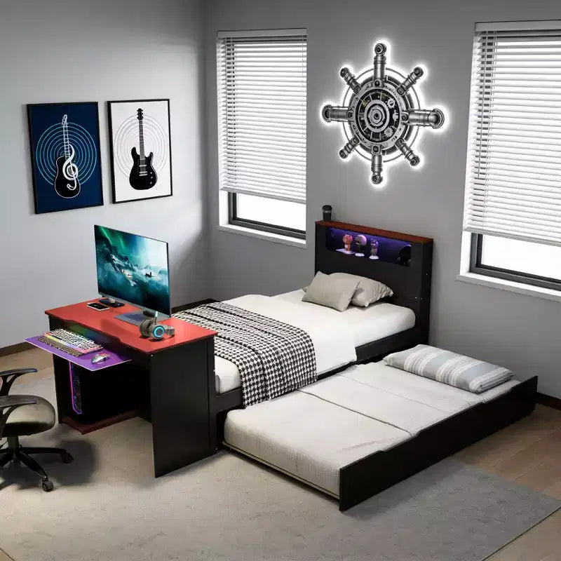Lit de repos moderne en bois Luxystar avec bureau d'ordinateur, lit gigogne et tête de lit éclairée